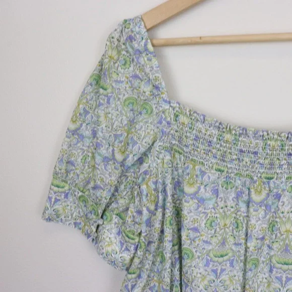 J Crew Afternoon Dress in Liberty Lodden Fabric Lg Smocked Neckline Green Blue - Picture 5 of 12